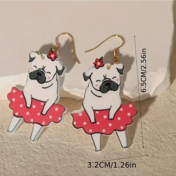 14k Pug Dog in tu tu summer whimsical novelty fun dangle earrings - Picture 2 of 6